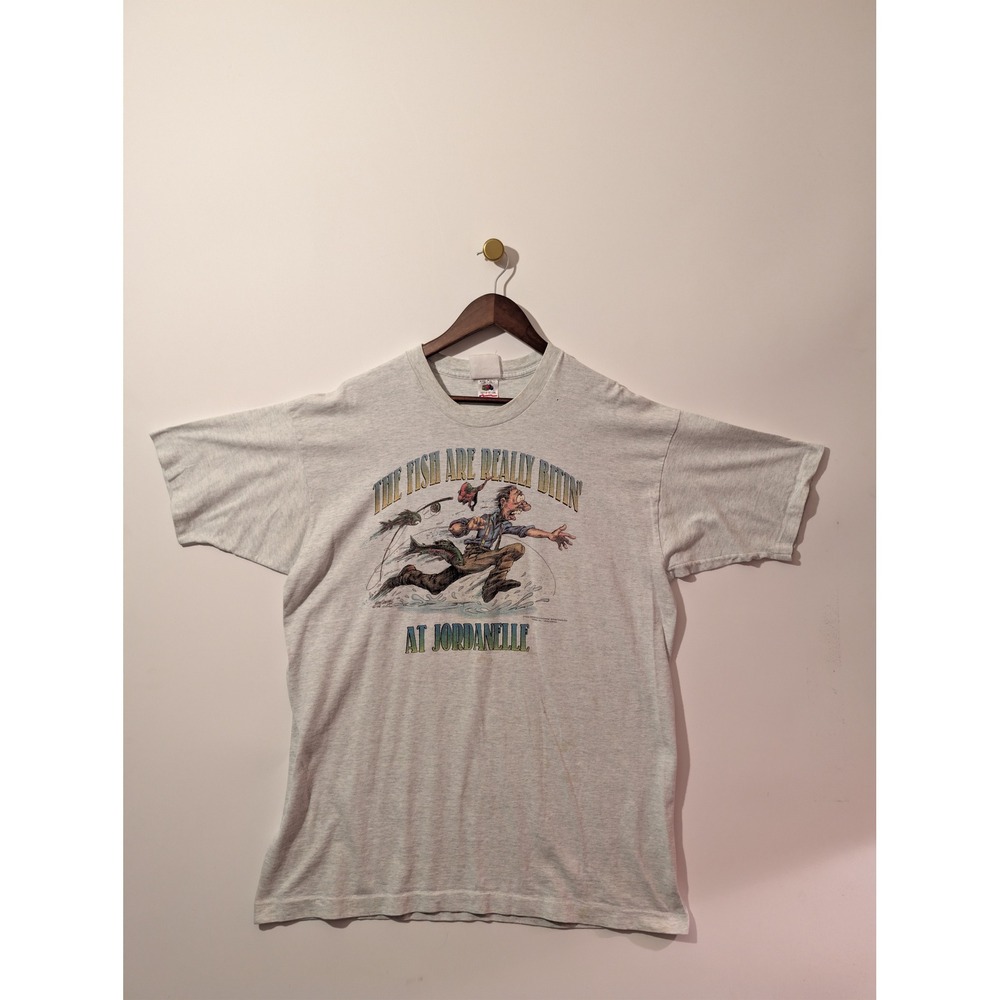Fruit of the Loom T-Shirt Mens XXL Grey Good Vintage 90s Fishing Jordanelle Utah